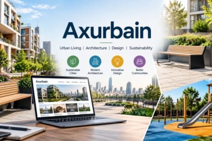 Axurbain urban design concept featuring modern architecture, sustainable city spaces, urban furniture, and contemporary playground design.