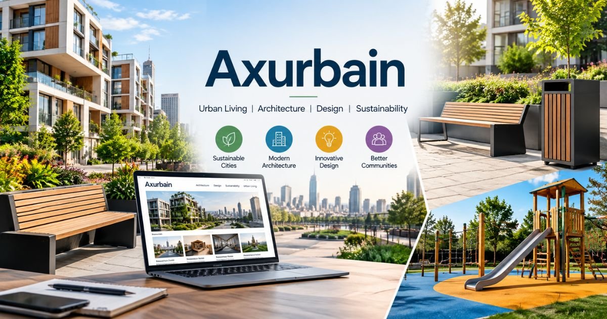 Axurbain urban design concept featuring modern architecture, sustainable city spaces, urban furniture, and contemporary playground design.
