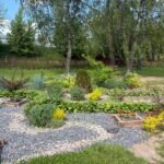 A beautiful spring garden featuring diverse plants and colorful flowers, perfect for relaxation and nature enthusiasts.