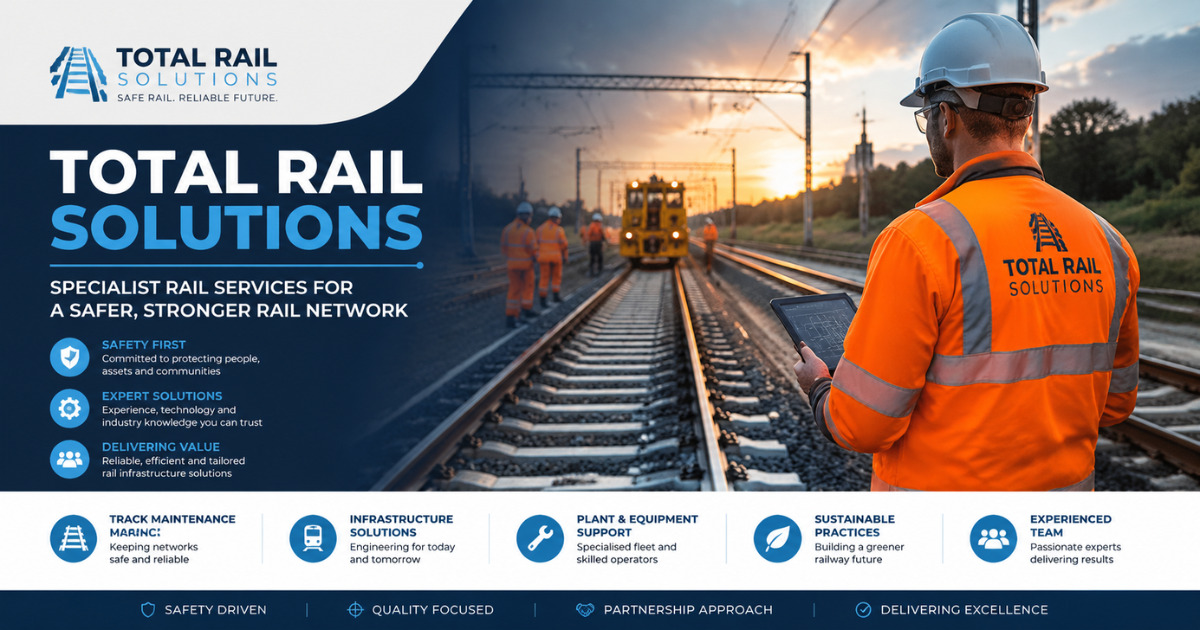 Total Rail Solutions railway maintenance team working on rail infrastructure with engineers inspecting tracks and delivering specialist rail services.