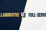 Collaborative vs Full-Service ghostwriting comparison graphic with a navy and white split-screen design.
