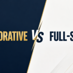 Collaborative vs Full-Service ghostwriting comparison graphic with a navy and white split-screen design.