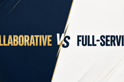 Collaborative vs Full-Service ghostwriting comparison graphic with a navy and white split-screen design.