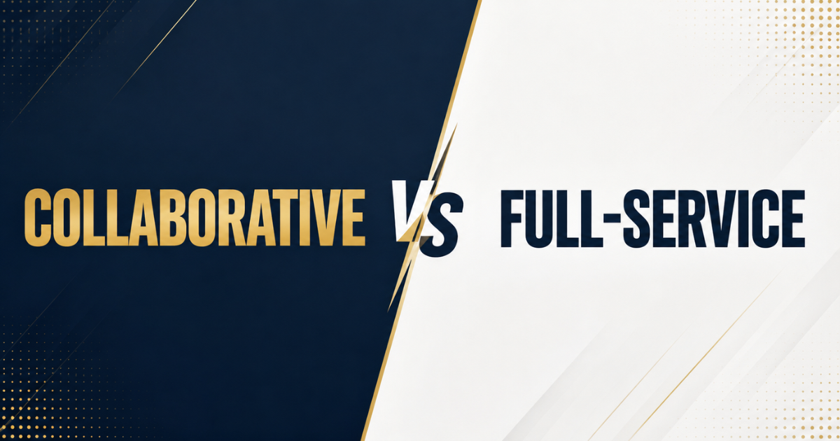 Collaborative vs Full-Service ghostwriting comparison graphic with a navy and white split-screen design.