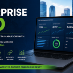 Enterprise SEO strategy dashboard showing technical optimization, content governance, team alignment, scalable growth, and organic performance analytics.