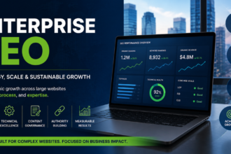 Enterprise SEO strategy dashboard showing technical optimization, content governance, team alignment, scalable growth, and organic performance analytics.