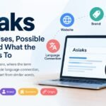 Asiaks showing its meaning, possible origins, website and brand uses, with a laptop, search icon, and labels for website, brand, username, business, language connection, and possible origins.