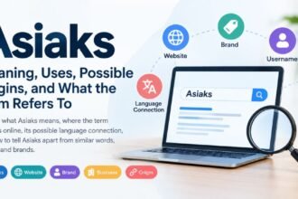 Asiaks showing its meaning, possible origins, website and brand uses, with a laptop, search icon, and labels for website, brand, username, business, language connection, and possible origins.